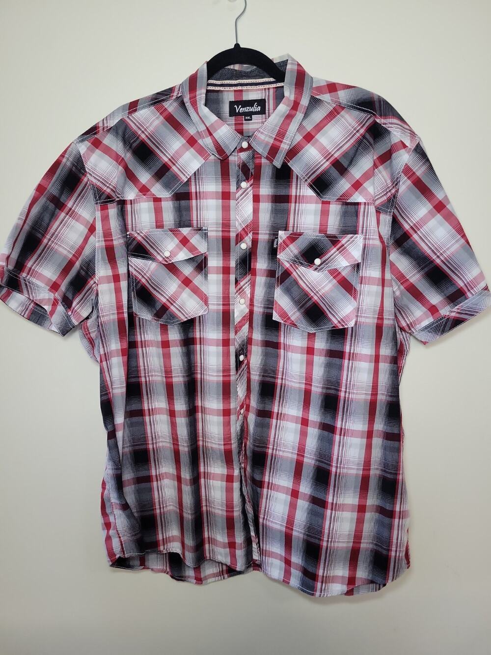 Men's Pearl Snap Red Plaid Button-Up Size 3XL 100% Cotton Short Sleeve Western